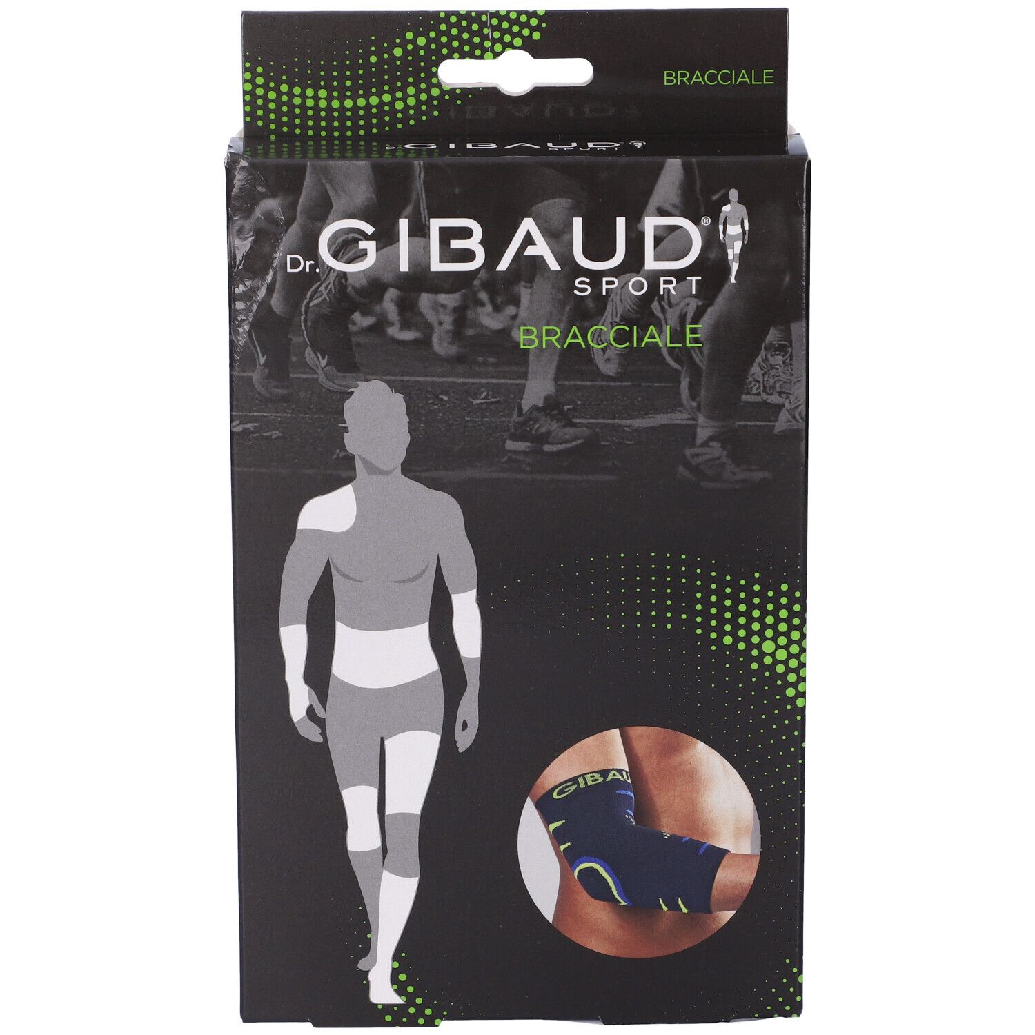 Vista frontale della confezione di Bracciale Dr. Gibaud Sport. Scatola nera con logo e immagine del prodotto.