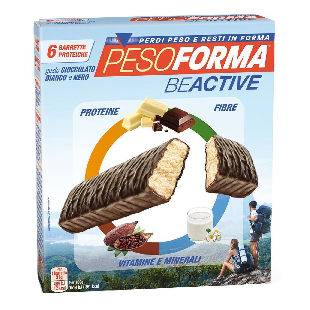 Confezione di 6 barrette proteiche Pesoforma Beactive, gusto cioccolato bianco e nero. Contiene proteine, fibre, vitamine e minerali. Imballaggio.
