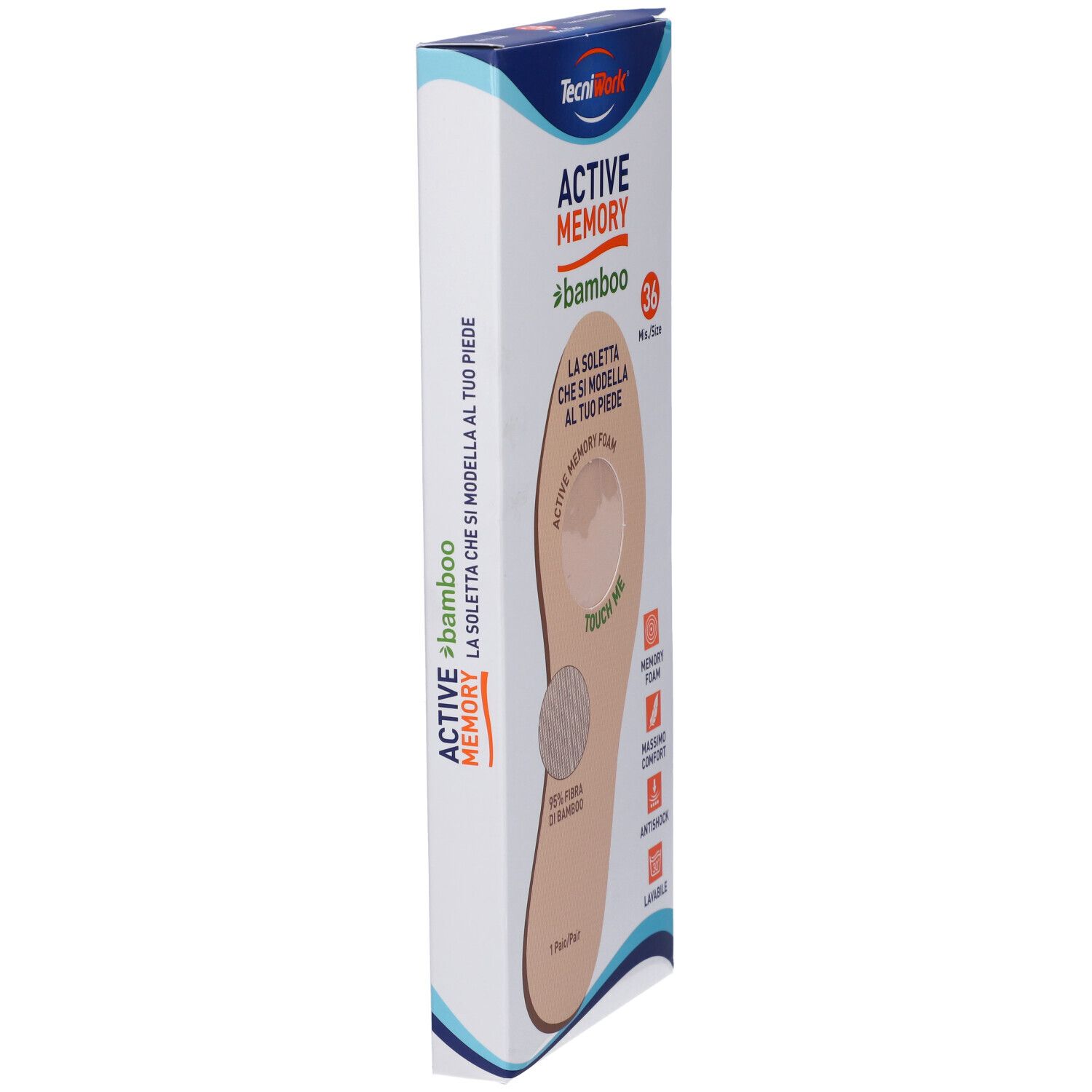 Seitenansicht der Verpackung für Einlegesohlen aus Bambusfaser mit Memory-Schaum.