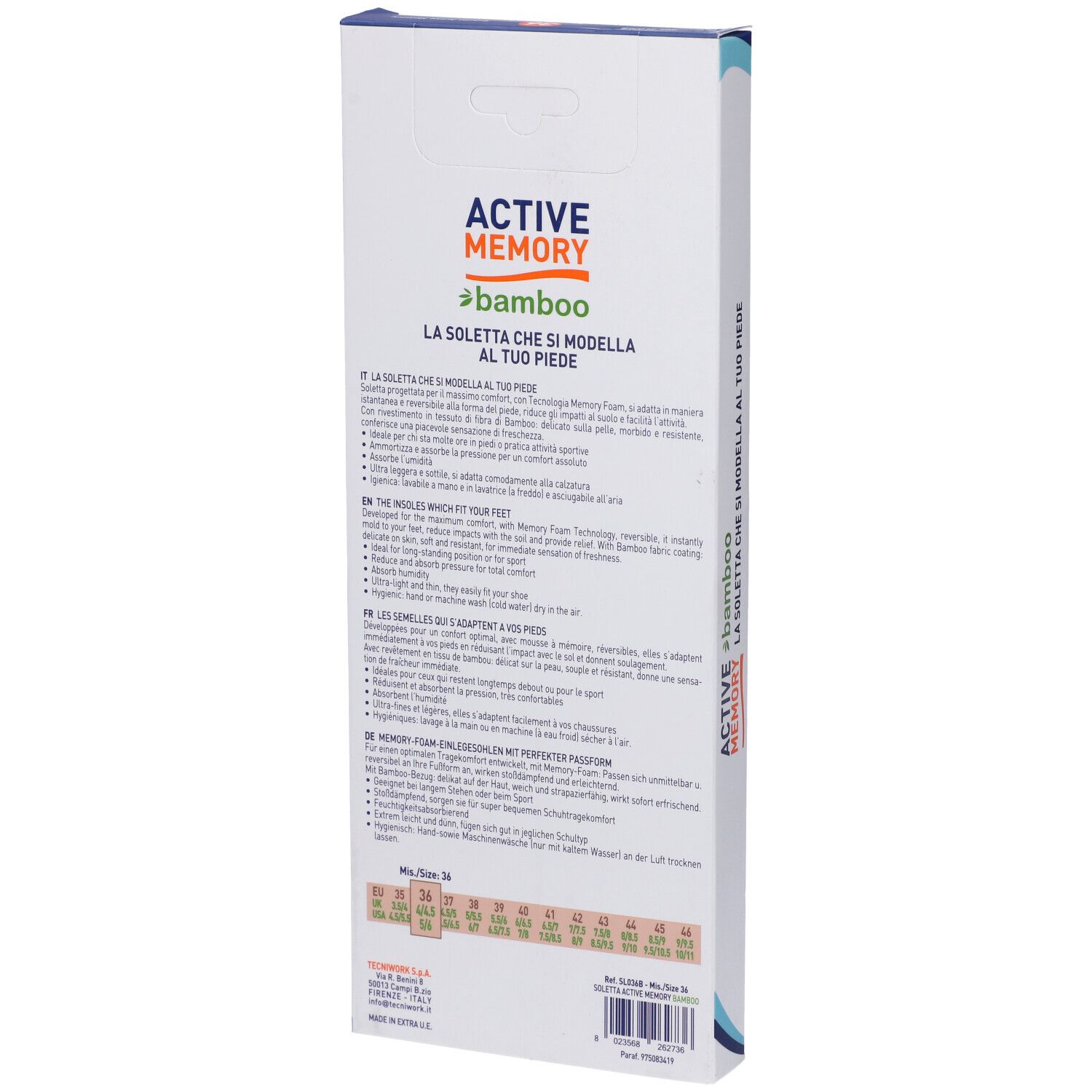 Rückseite der Verpackung mit Produktinformationen und Größentabelle für Einlegesohlen.