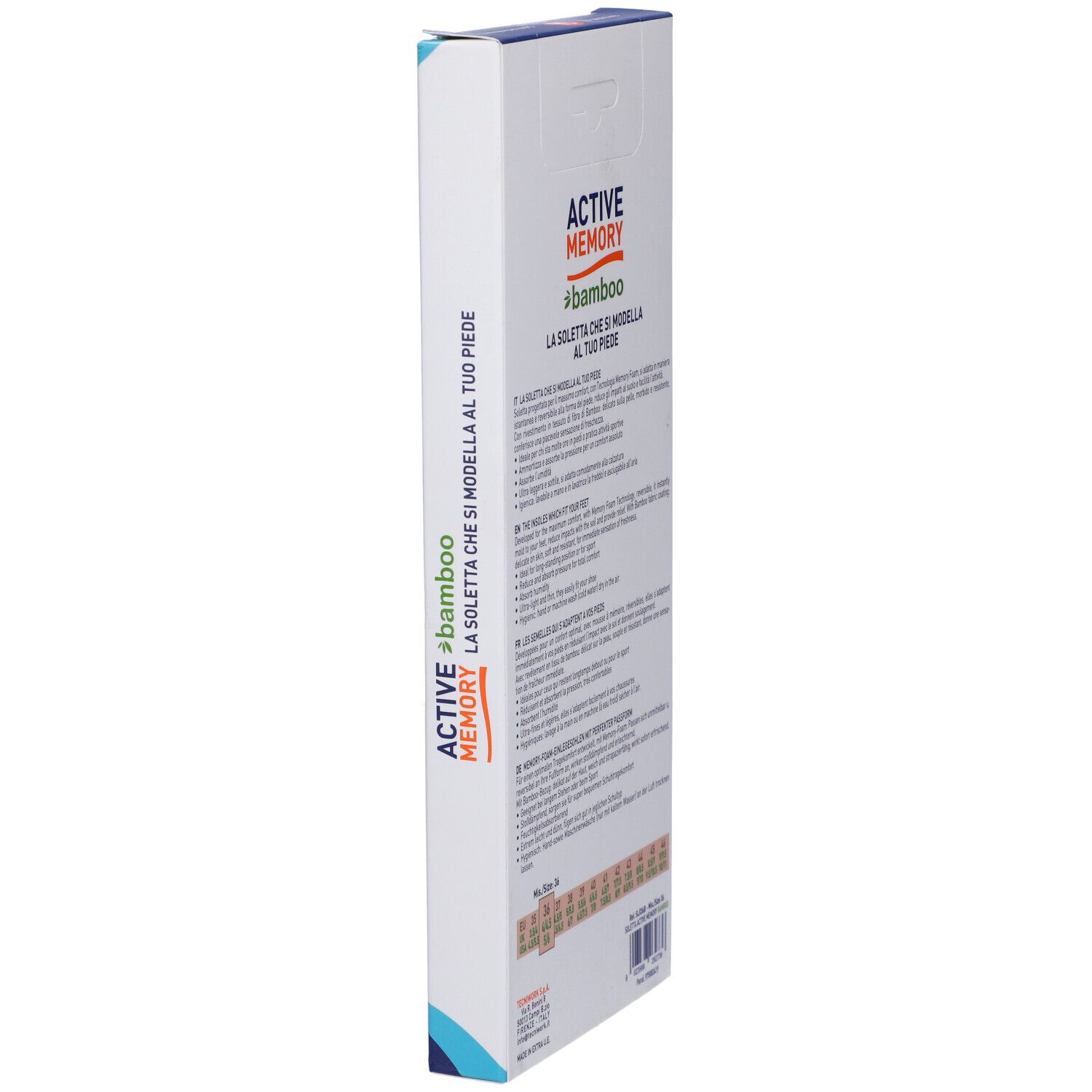 Seitenansicht der Verpackung mit detaillierten Produktinformationen für Einlegesohlen.