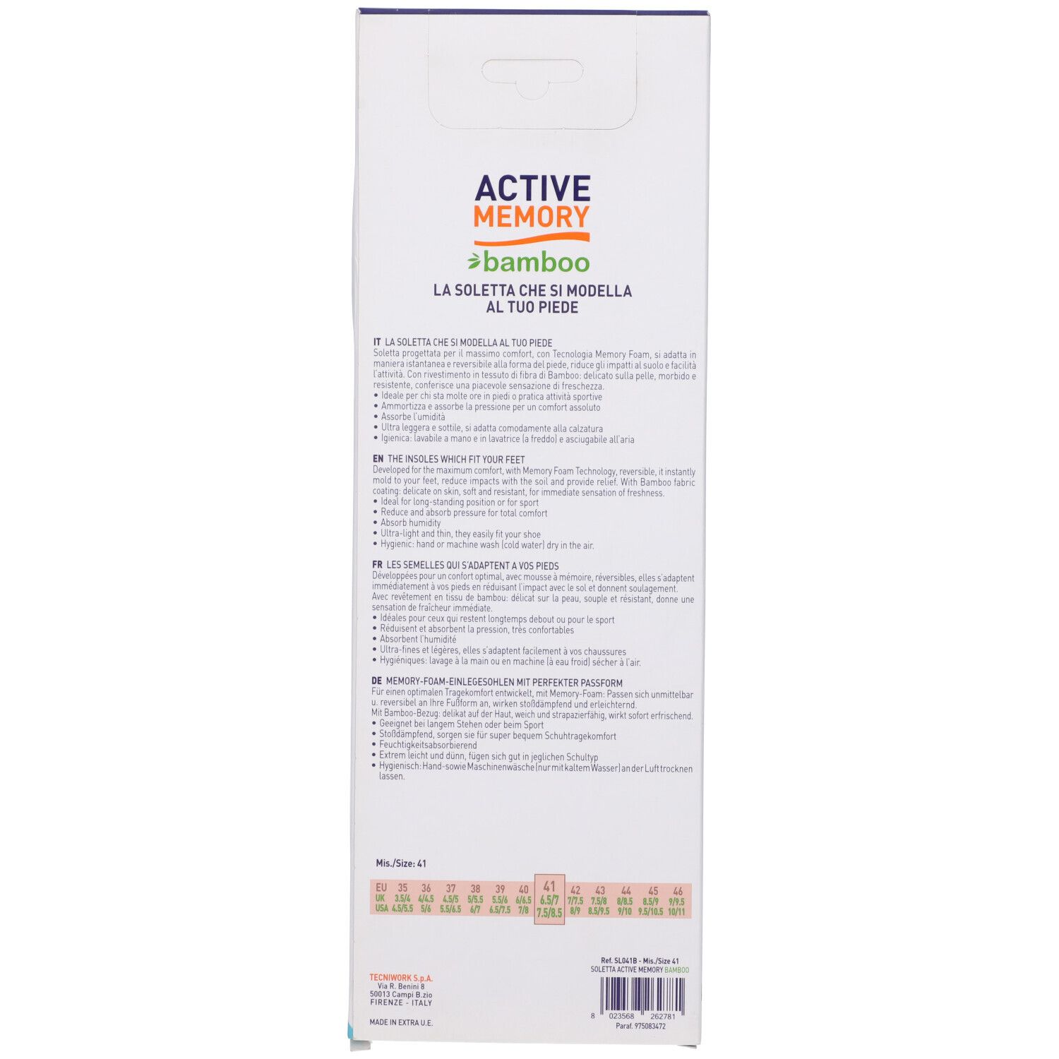 Rückseite der Verpackung einer Einlegesohle aus Bambus, Größe 41, mit Produktinformationen und Größentabelle.