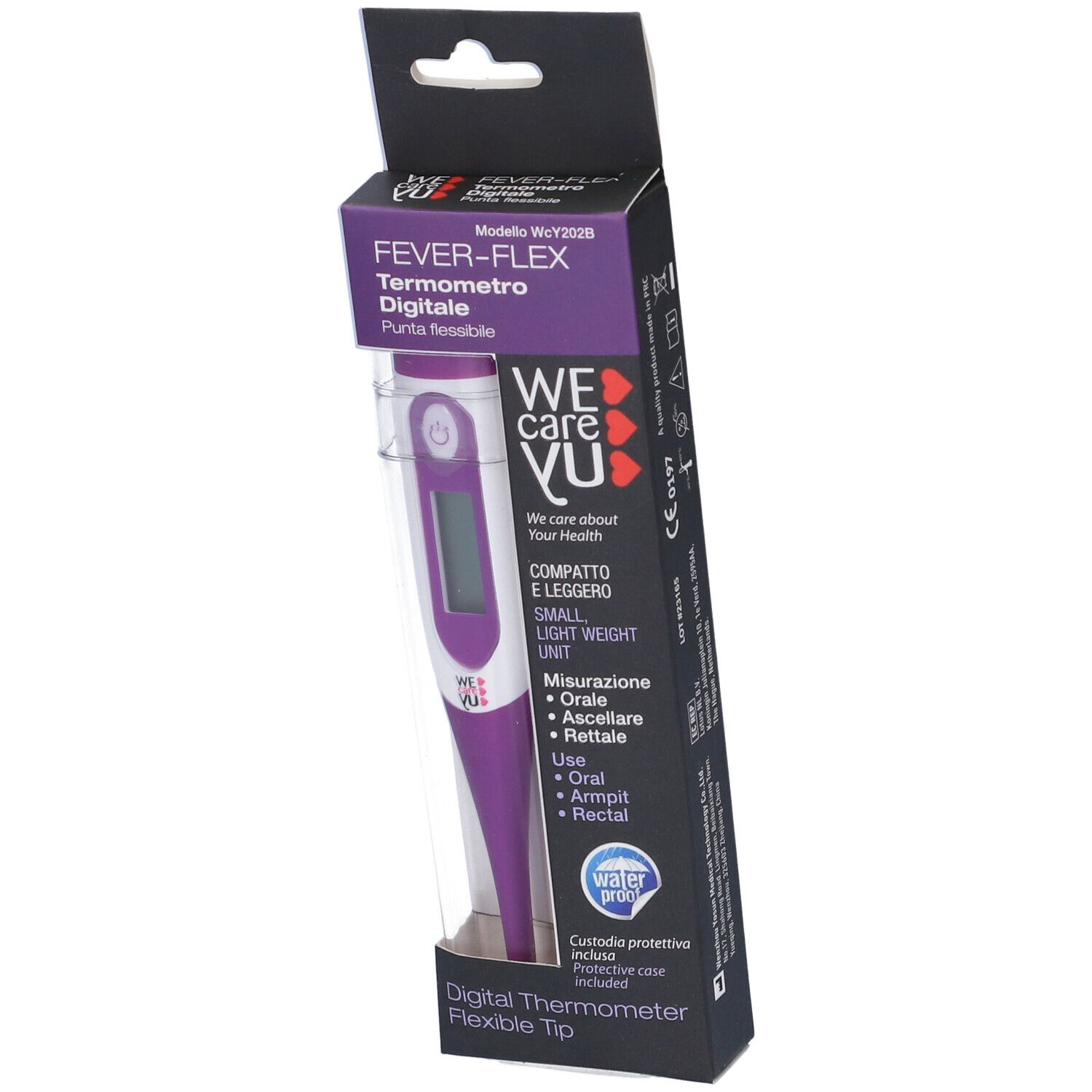Digitales Fieberthermometer in Verpackung. Lila-weißes Thermometer mit flexible Spitze. Marke: Fever-Flex, We Care Yu.