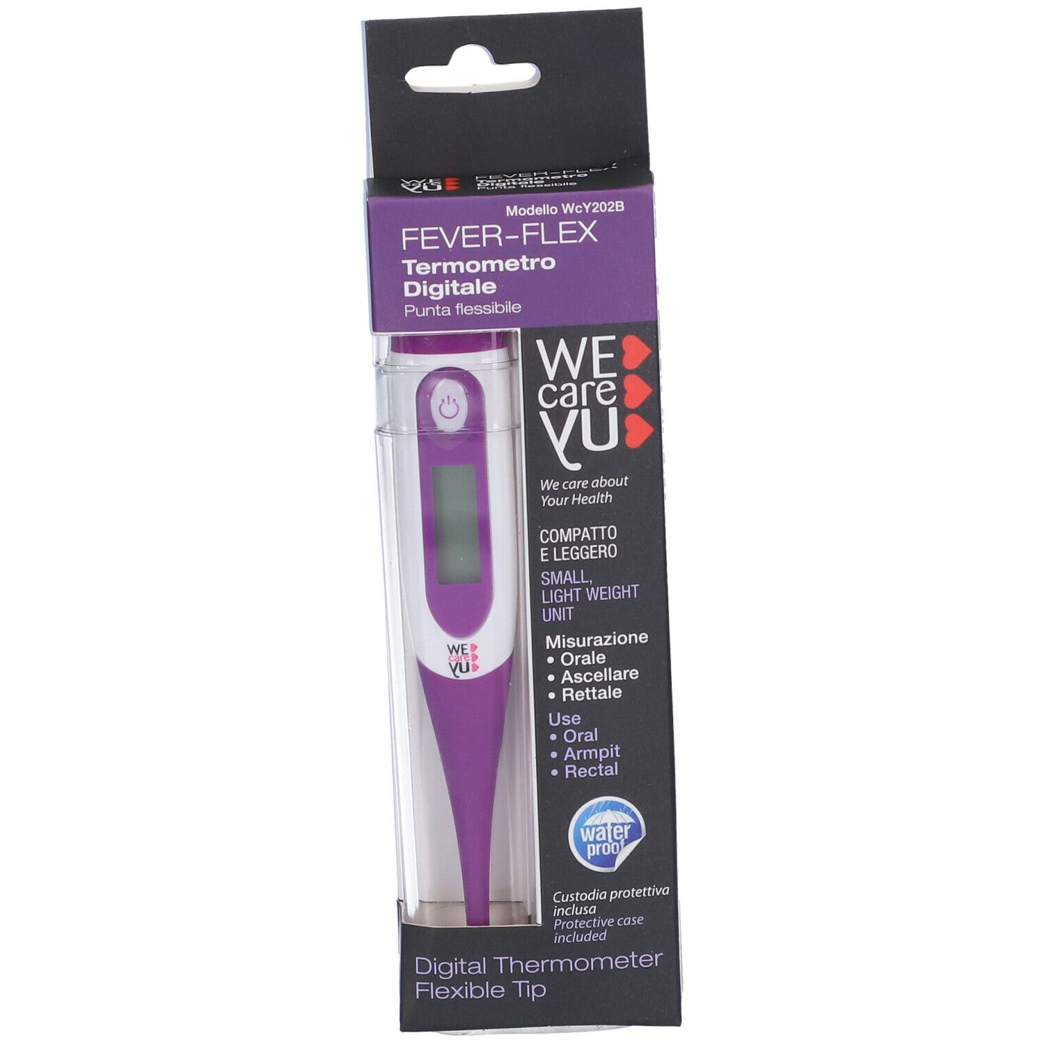 Digitales Fieberthermometer in Verpackung. Lila-weißes Thermometer mit flexibler Spitze. Marke: Fever-Flex, We Care Yu.