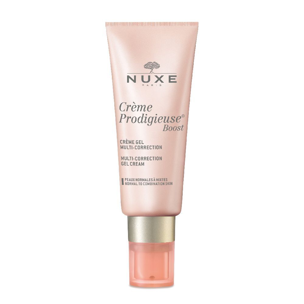 Tube rose NUXE Crème Prodigieuse Boost. Gel-crème multi-correction pour peaux normales à mixtes. Bouchon vissé.