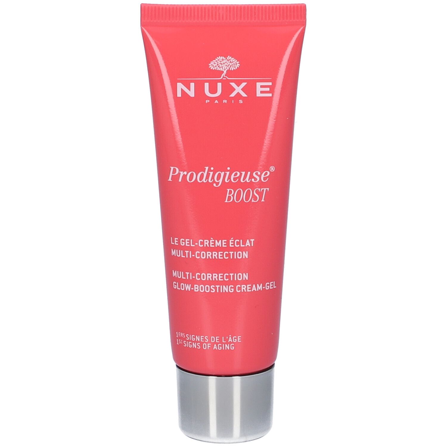 Tube rouge NUXE Prodigieuse Boost. Gel-crème avec bouchon argenté. Nom du produit et logo visibles.