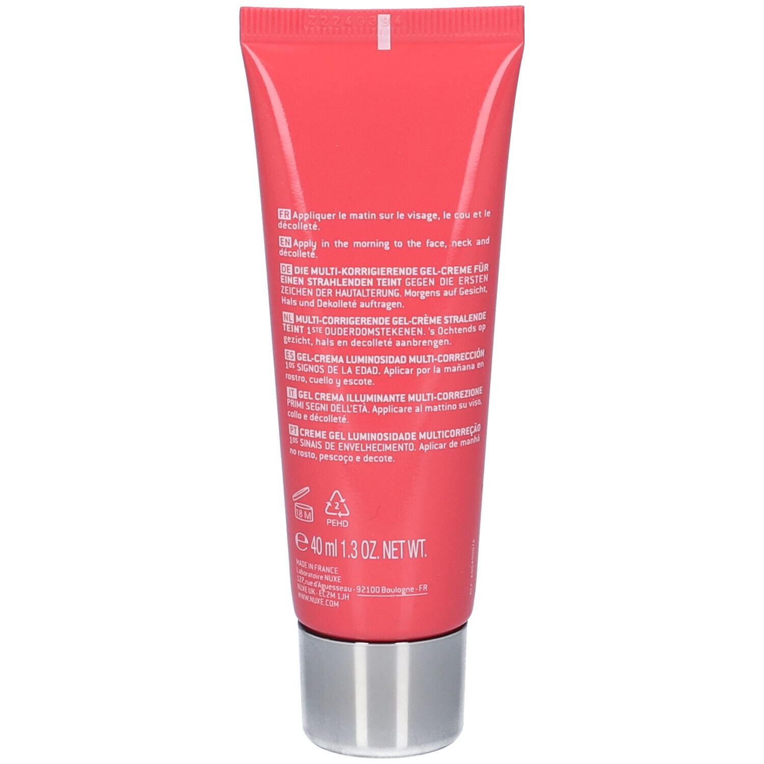 Tube rouge NUXE Prodigieuse Boost. Dos avec informations et ingrédients. Bouchon argenté.