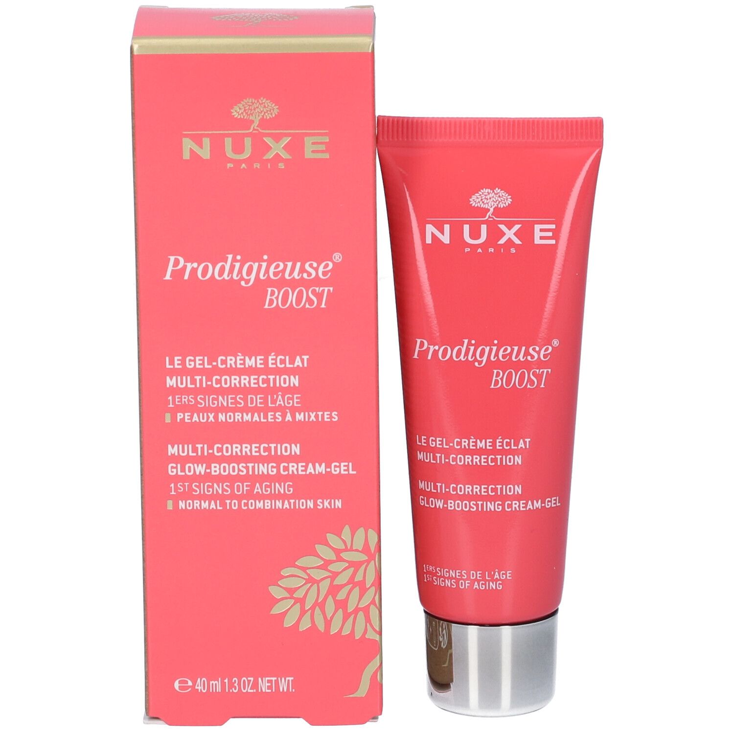 Emballage produit : boîte et tube rouges NUXE Prodigieuse Boost. Nom du produit et logo visibles.