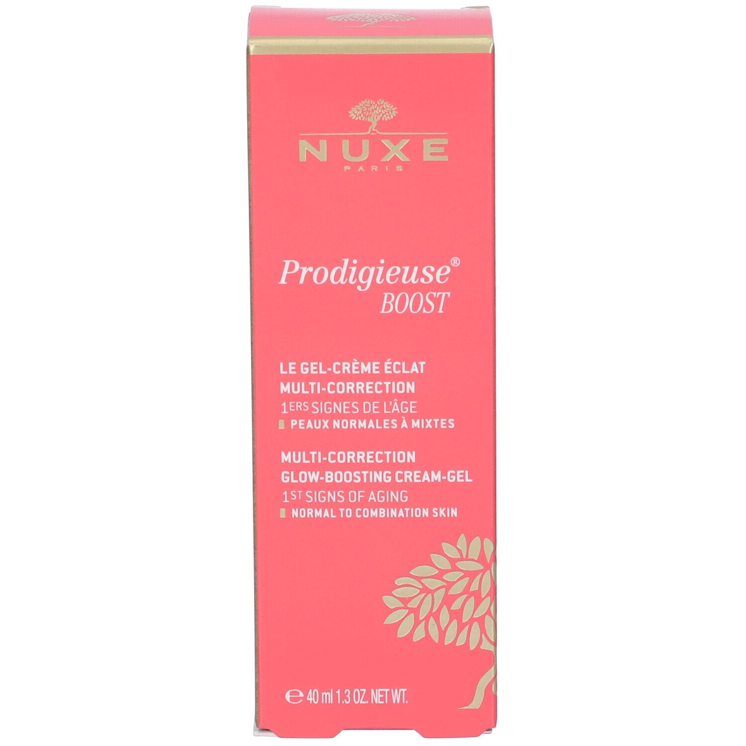 Emballage produit : boîte rouge NUXE Prodigieuse Boost. Nom du produit et logo visibles. 40ml.