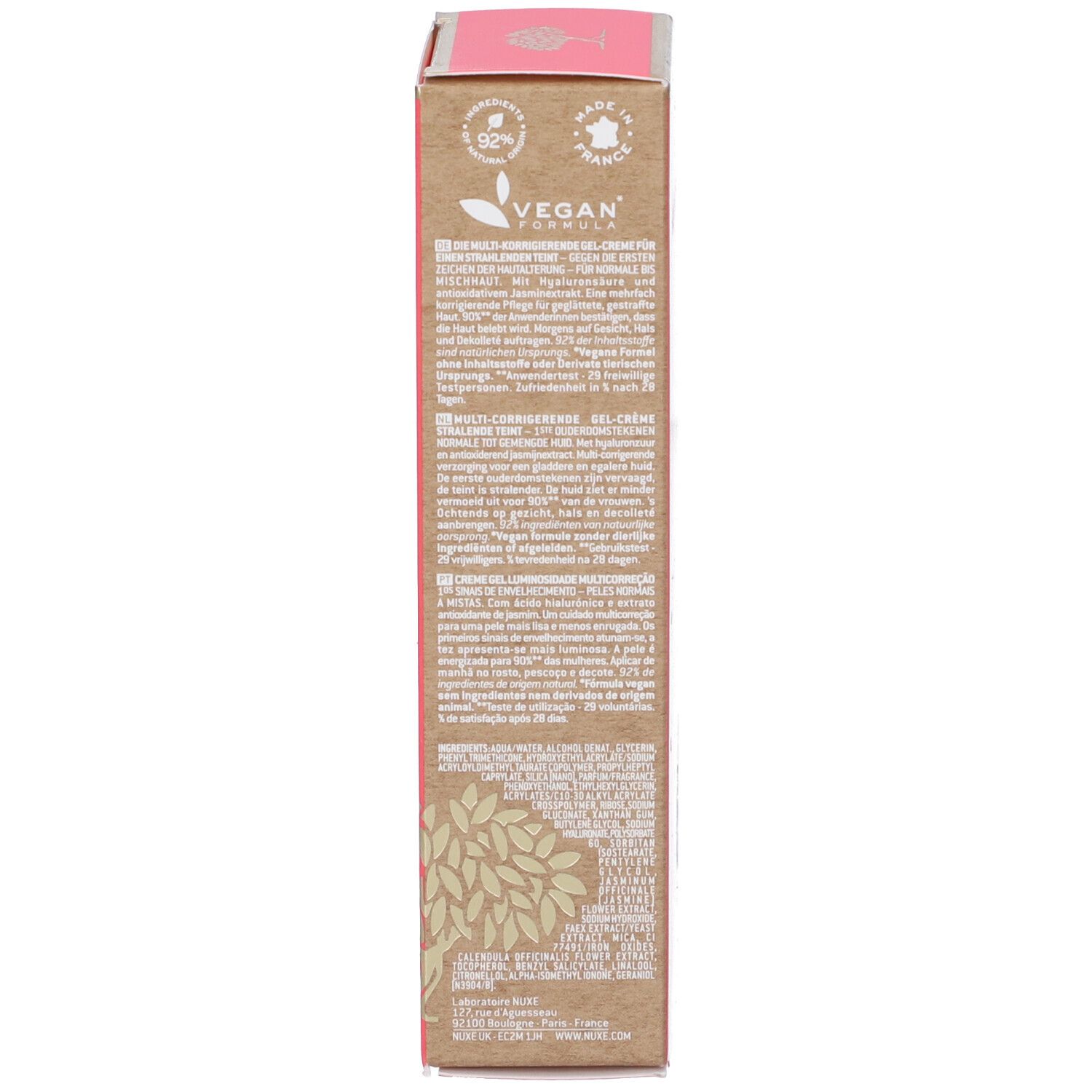 Emballage produit : dos de la boîte rouge NUXE Prodigieuse Boost. Informations et logo du produit.