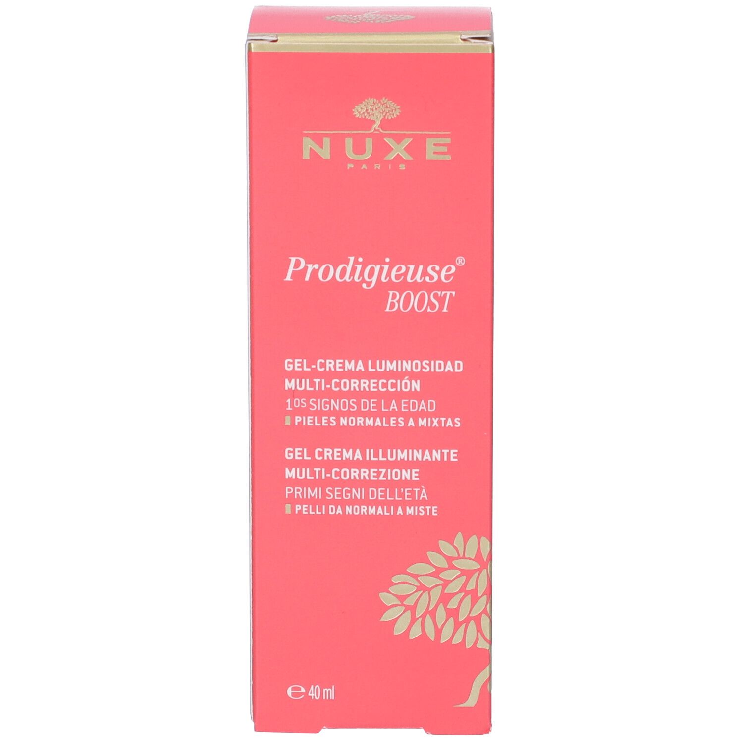 Emballage produit : dos de la boîte rouge NUXE Prodigieuse Boost. Certification Vegan et ingrédients.