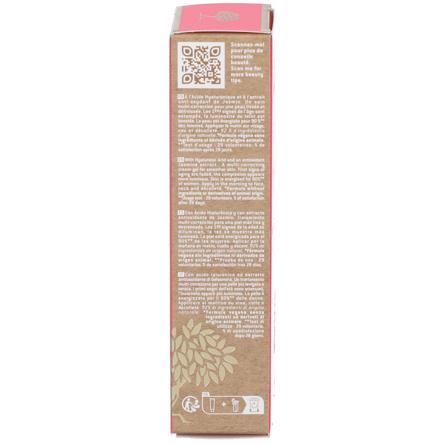 Emballage produit : dos de la boîte rouge NUXE Prodigieuse Boost. Informations produit et code QR.