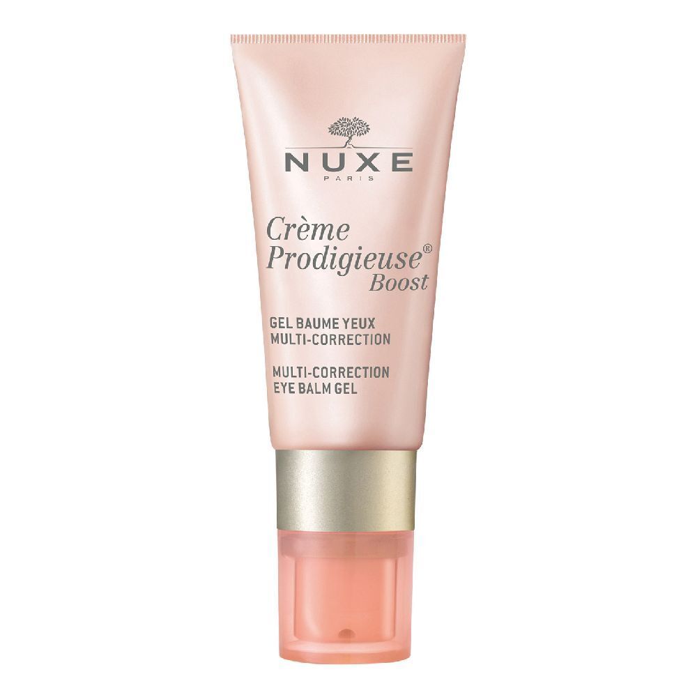 Tube rose de gel baume yeux. Inscription: NUXE, Crème Prodigieuse Boost. Multi-correction.