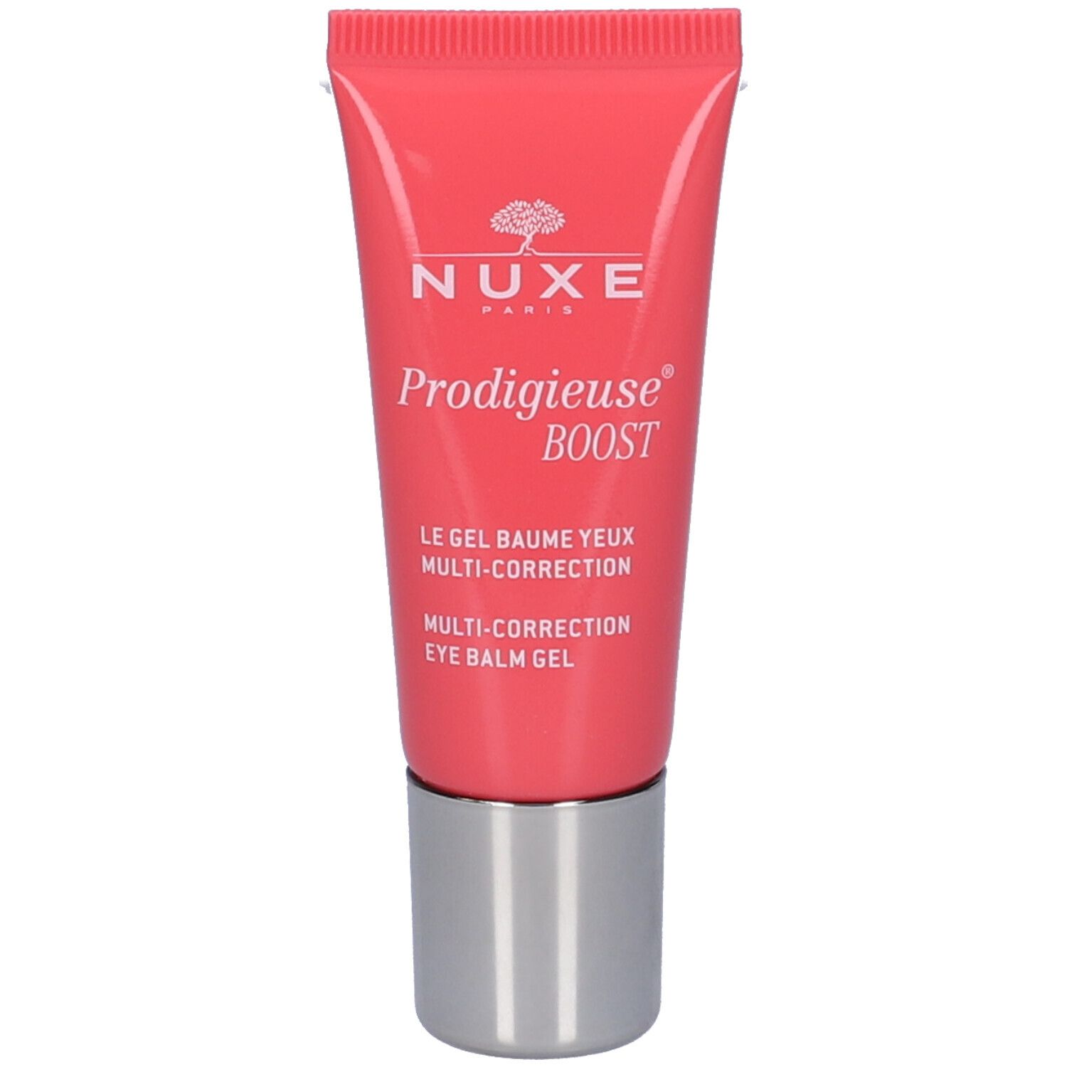 Tube rouge de gel baume yeux. Inscription: NUXE, Prodigieuse Boost. Multi-correction.