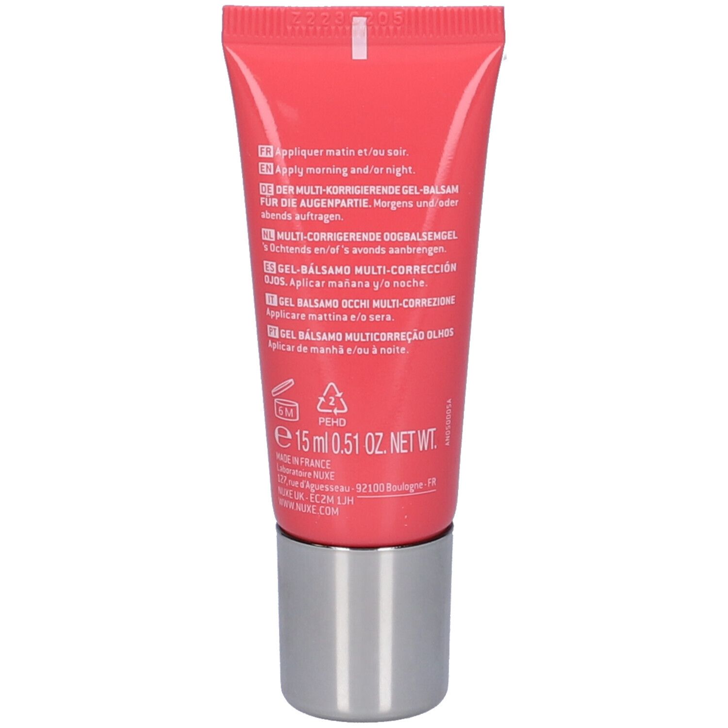 Dos du tube rouge de gel baume yeux. Instructions d'utilisation en plusieurs langues.