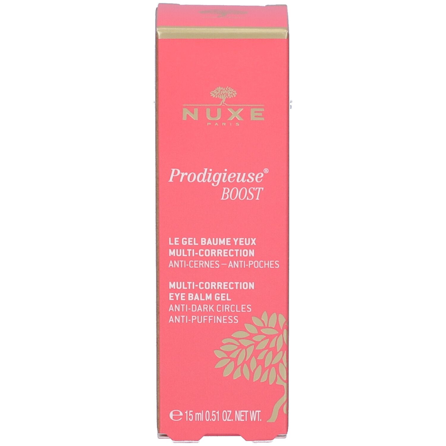 Boîte de gel baume yeux. Inscription: NUXE, Prodigieuse Boost. Anti-cernes, anti-poches.