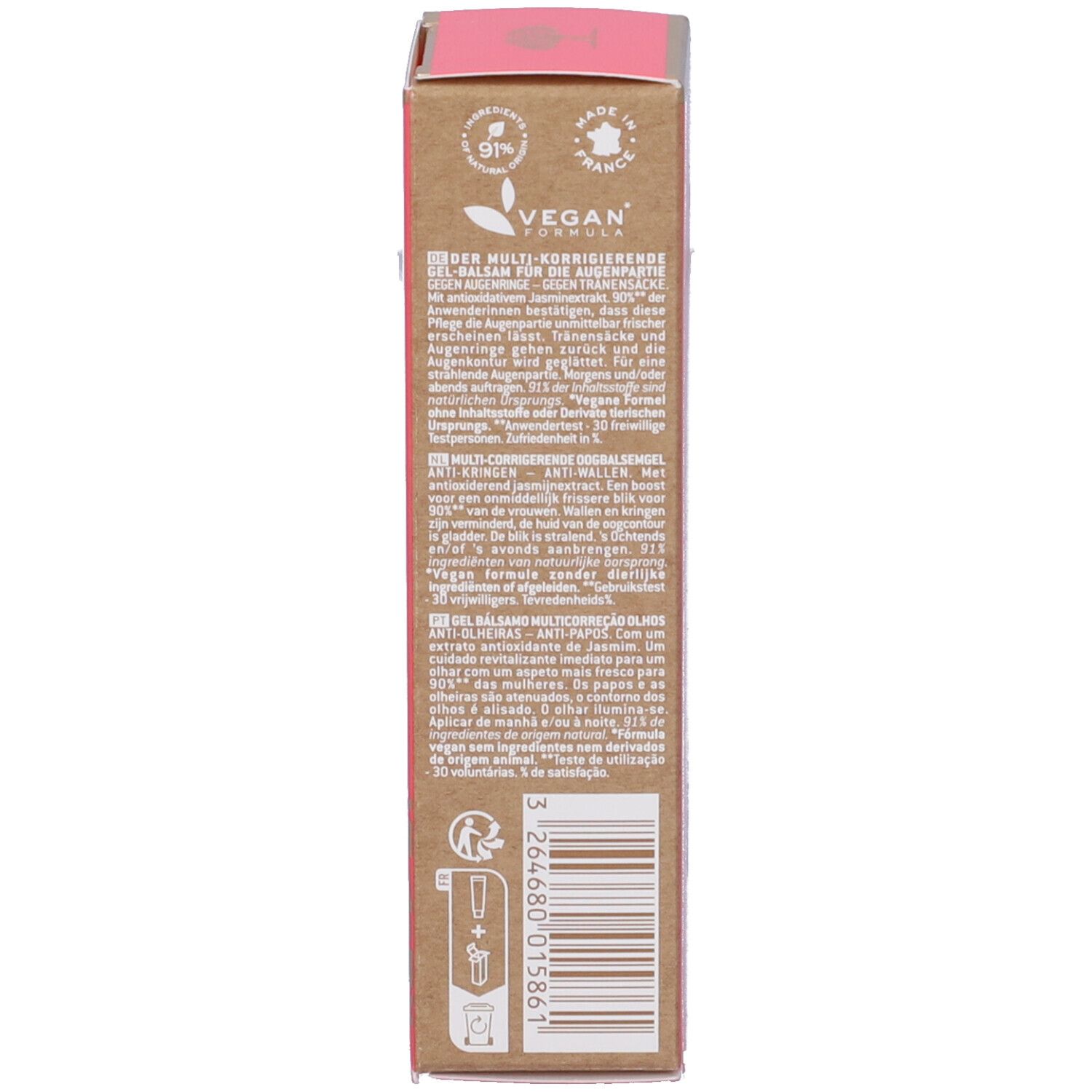 Dos de la boîte de gel baume yeux. Informations multilingues. Formule vegan.