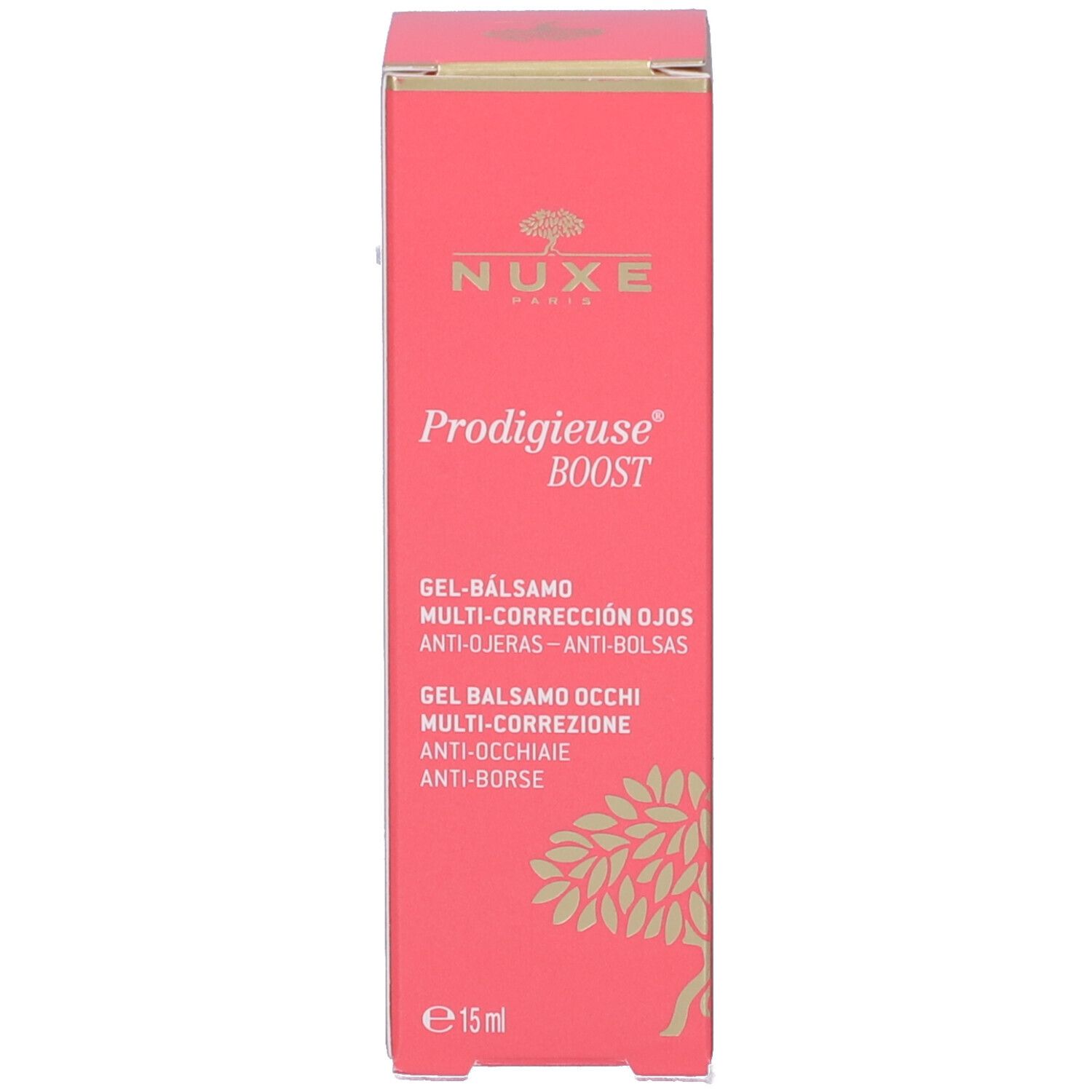 Côté de la boîte de gel baume yeux. Inscription: NUXE, Prodigieuse Boost. 15 ml.