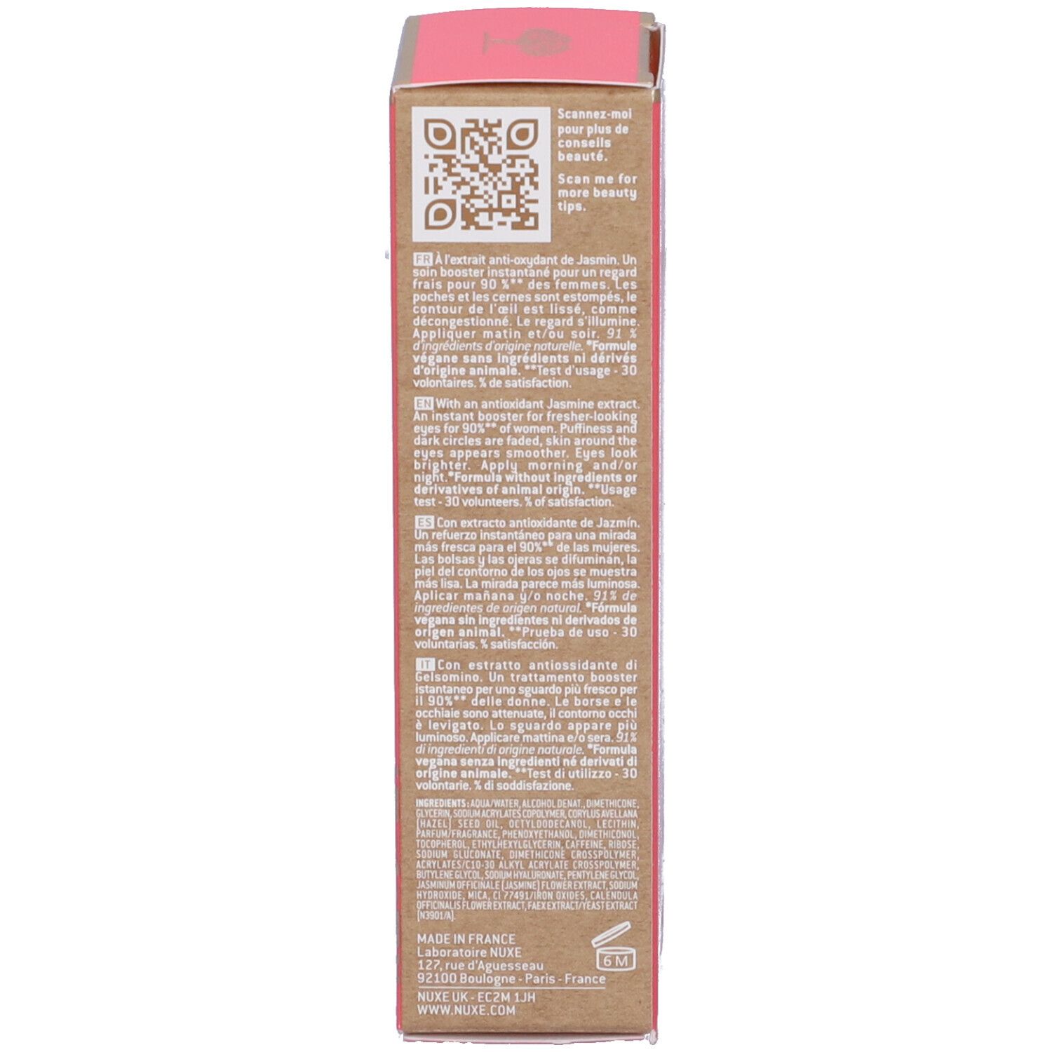 Côté de la boîte de gel baume yeux. Informations, QR code. Fabriqué en France.