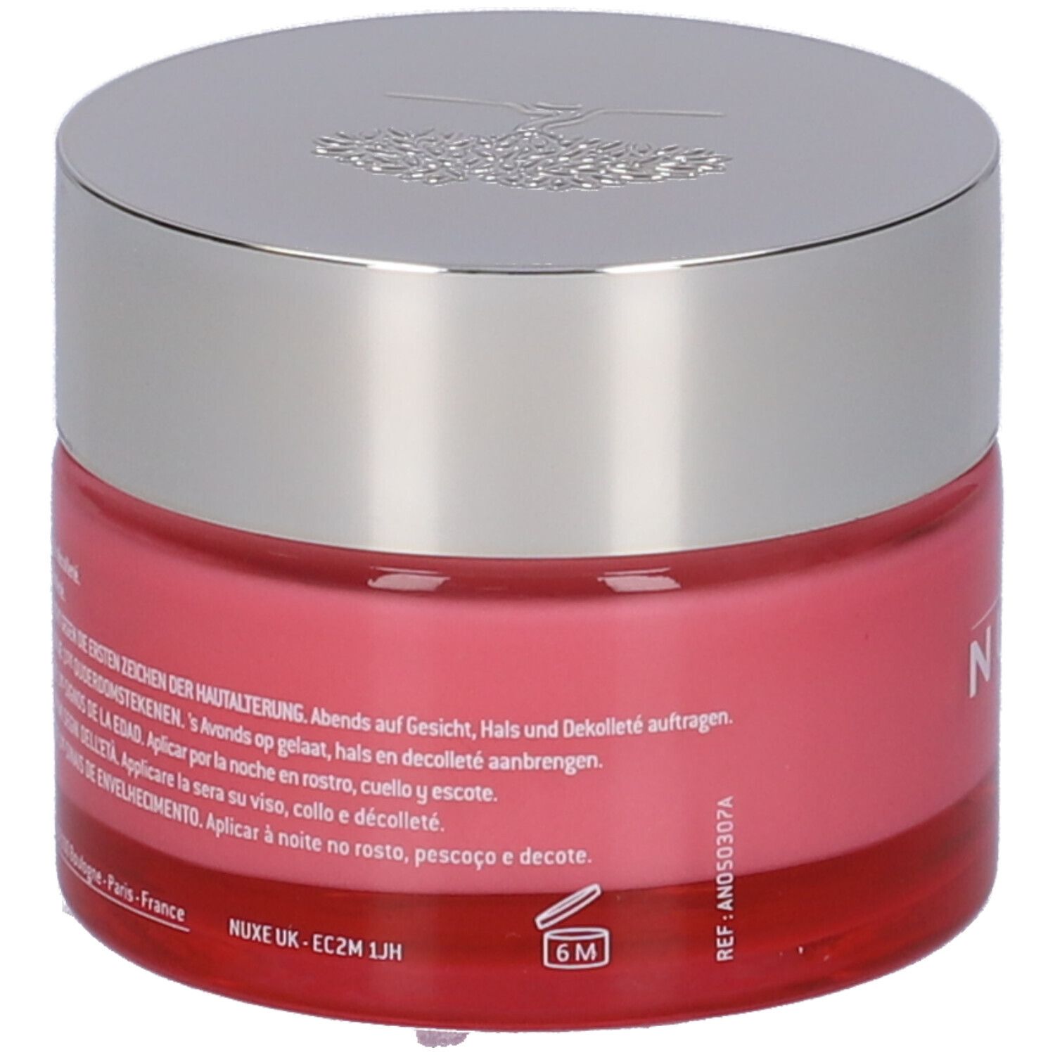Vaso di crema rosa con coperchio argentato. Retro con testo multilingue. Scritta: NUXE Paris, 6M.