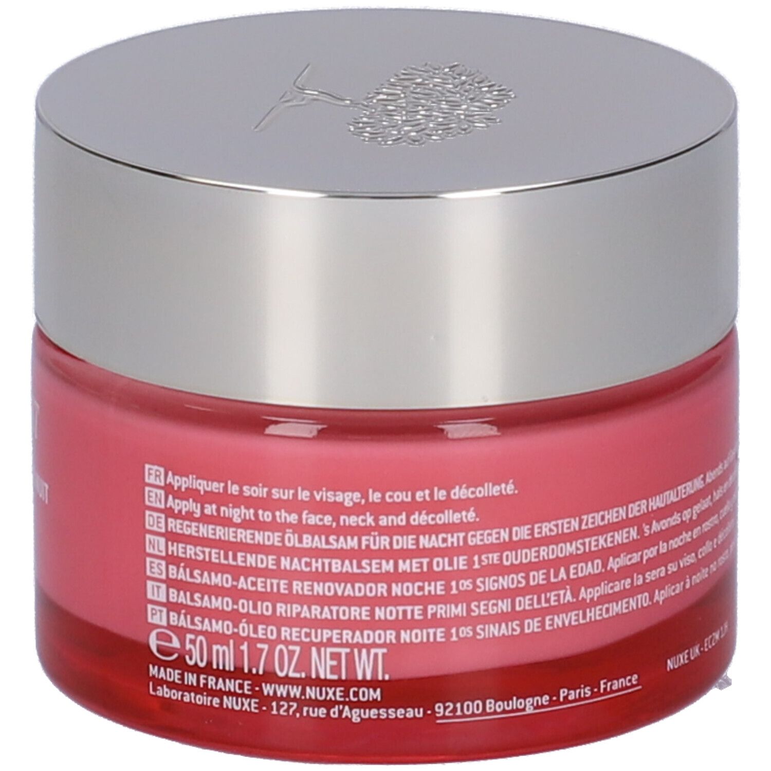 Vaso di crema rosa con coperchio argentato. Scritta: 50 ml, NUXE Paris, Le baume-huile récupérateur nuit, 1ers signes de l'âge.