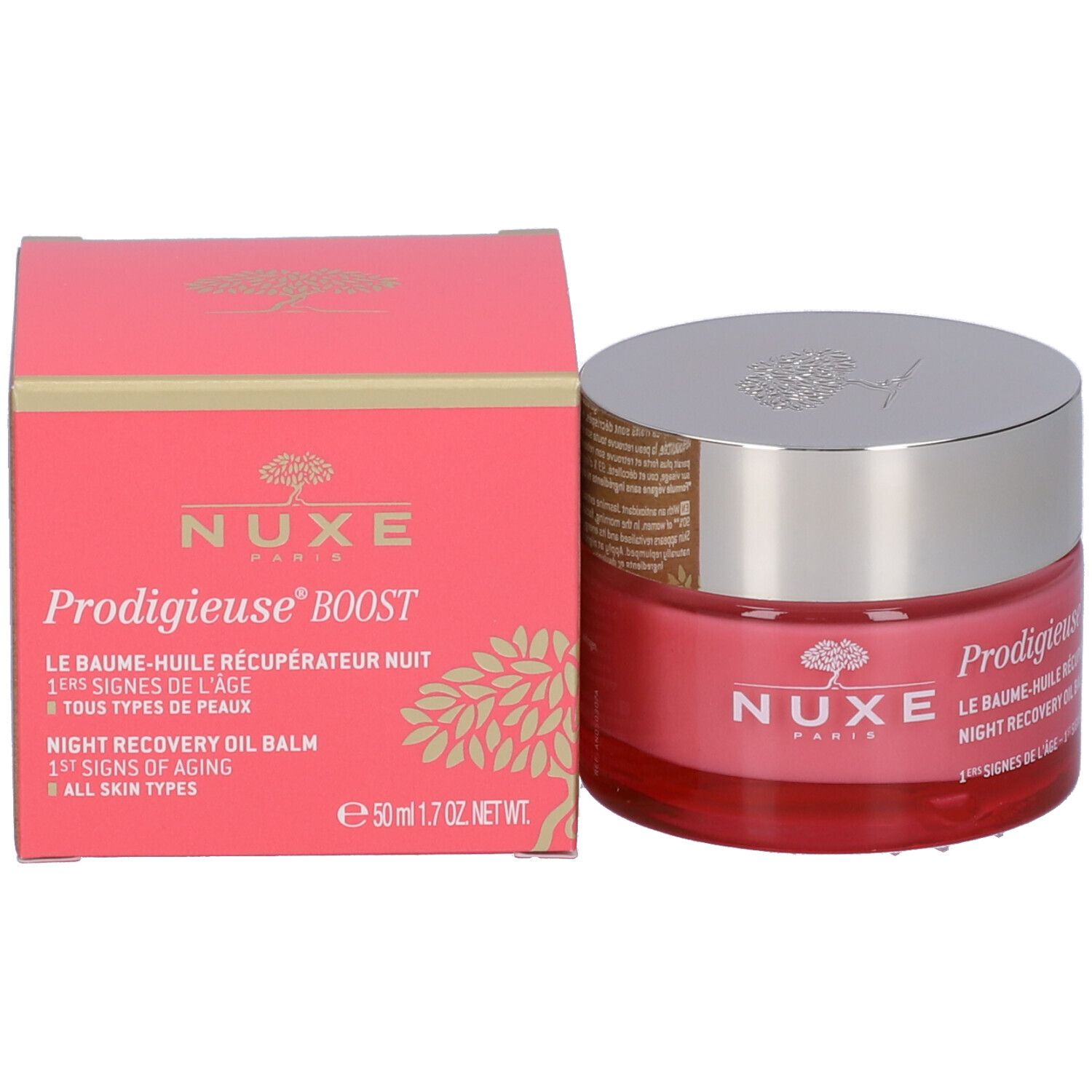 Vaso di crema rosa e scatola. Scritta: NUXE, Prodigieuse Boost, Le baume-huile récupérateur nuit, 50 ml.