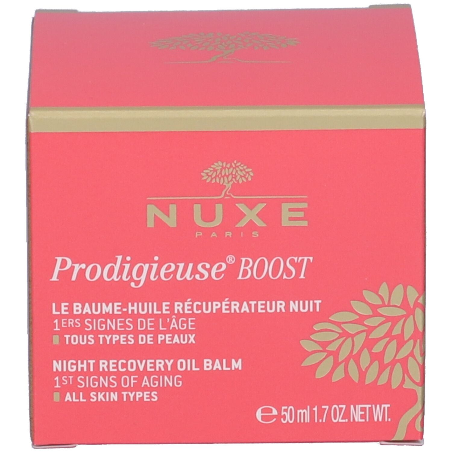 Scatola rosa. Scritta: NUXE, Prodigieuse Boost, Le baume-huile récupérateur nuit, 50 ml, 1ers signes de l'âge.