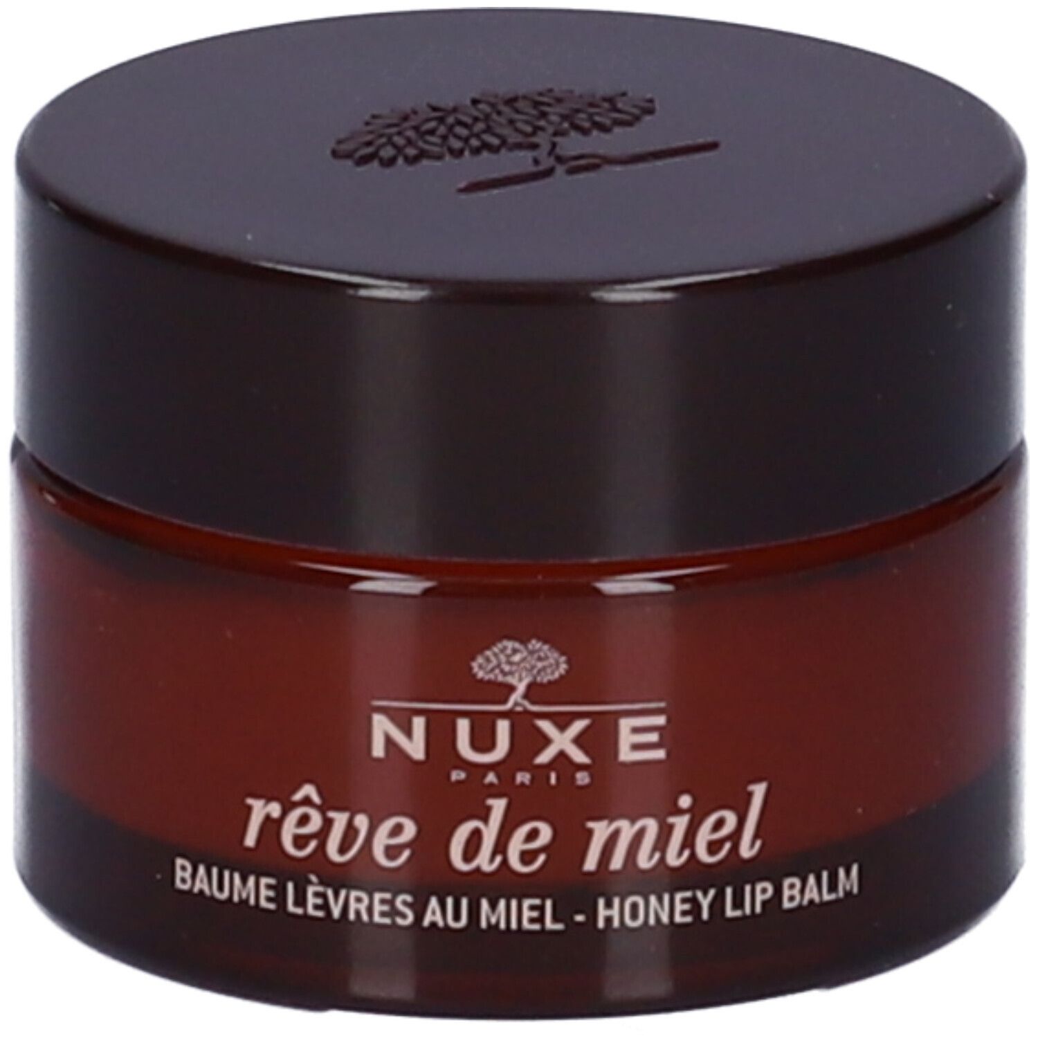 Vasetto marrone con coperchio. Scritta: NUXE, rêve de miel, Baume Lèvres au Miel - Honey Lip Balm.