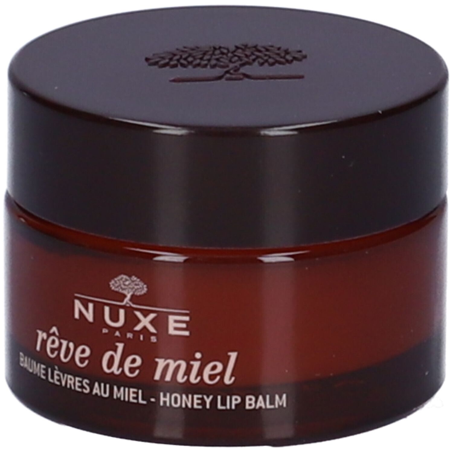 Vasetto marrone con coperchio. Scritta: NUXE, rêve de miel, Baume Lèvres au Miel - Honey Lip Balm.