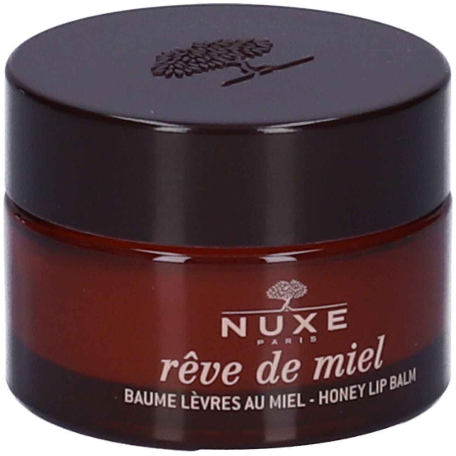 Vasetto marrone con coperchio. Scritta: NUXE, rêve de miel, Baume Lèvres au Miel - Honey Lip Balm.