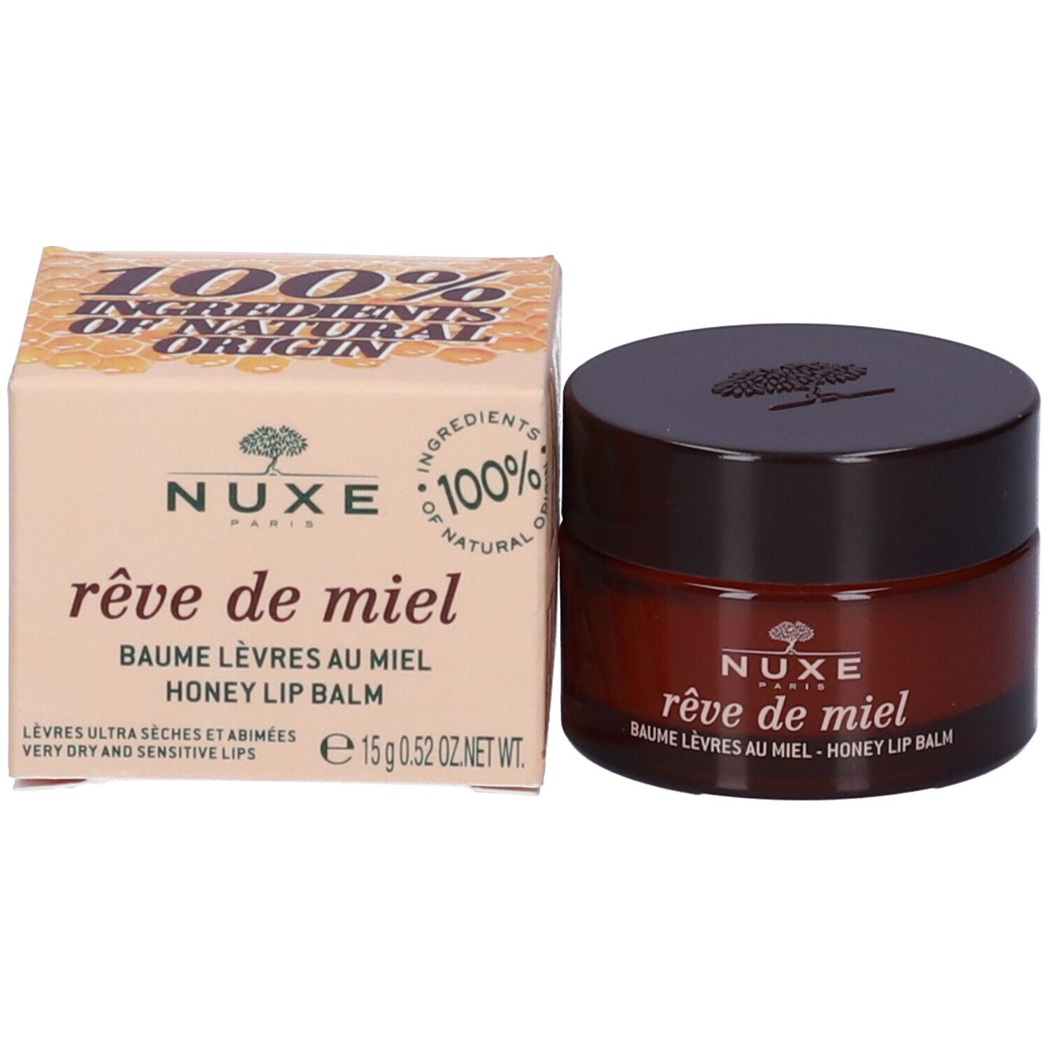 Confezione e vasetto. Scritta: NUXE, rêve de miel, Baume Lèvres au Miel - Honey Lip Balm, 15g 0.52 OZ. NET WT.