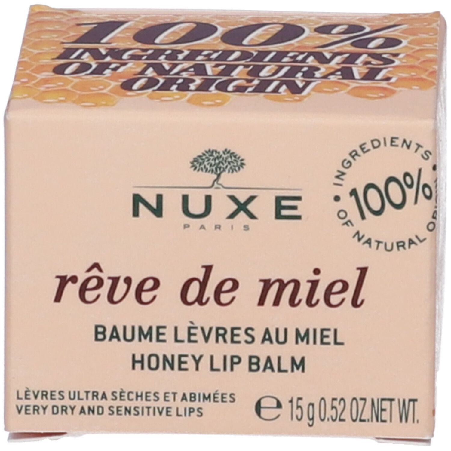 Confezione. Scritta: NUXE, rêve de miel, Baume Lèvres au Miel - Honey Lip Balm, 15g 0.52 OZ. NET WT.