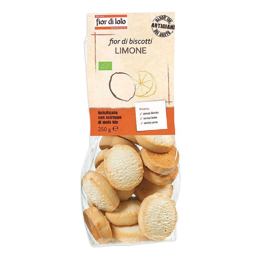 Confezione di biscotti Fior di Biscotti Limone. Certificazione bio. 250g. Confezione trasparente, biscotti visibili.