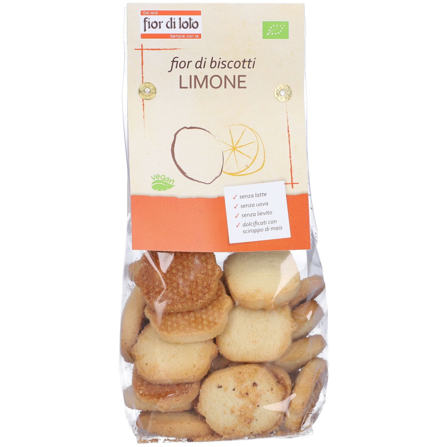 Confezione di biscotti Fior di Biscotti Limone. Certificazione bio. Confezione trasparente, biscotti visibili.