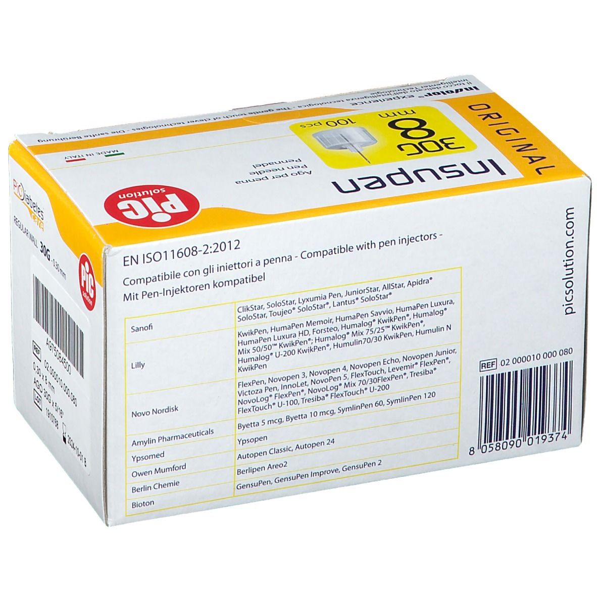 Retro della scatola PIC Insupen Original 30G 8 mm. Contiene informazioni sulla compatibilità con gli iniettori.