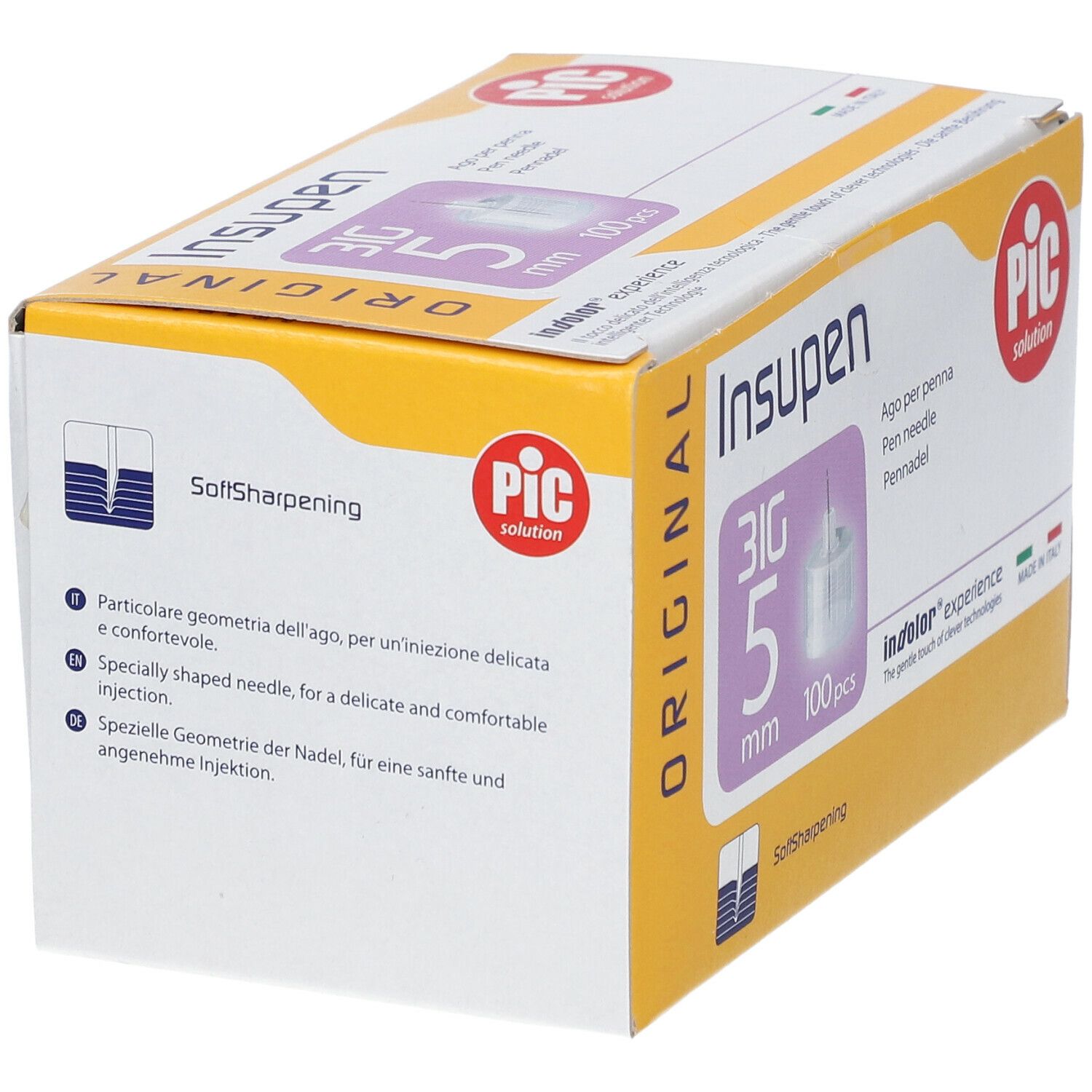 Confezione aghi per penna Insupen, 31G, 5 mm, 100 pezzi. Logo PIC. Scatola giallo-bianca. SoftSharpening.