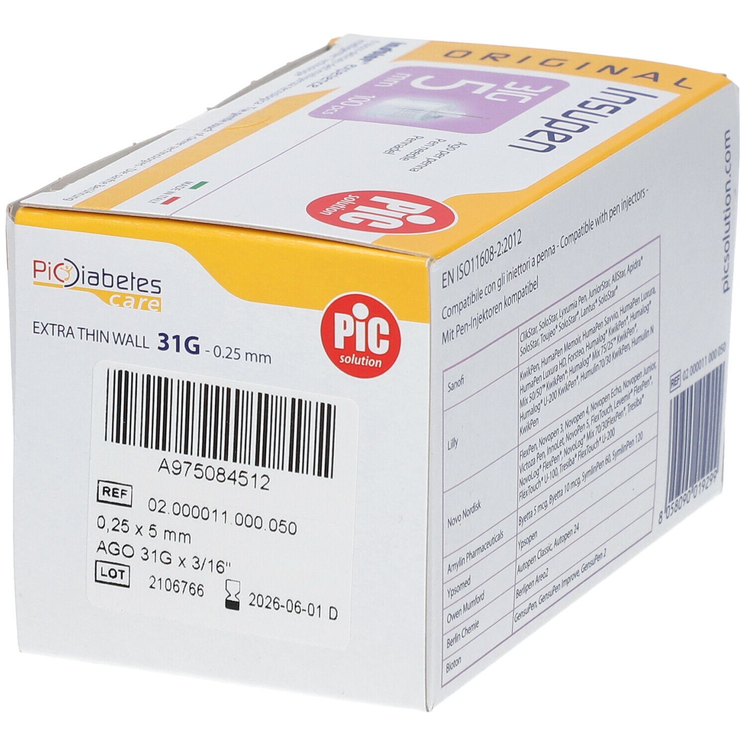 Confezione aghi Extra Thin Wall, 31G - 0,25 mm. Logo PIC. Informazioni REF e LOT.
