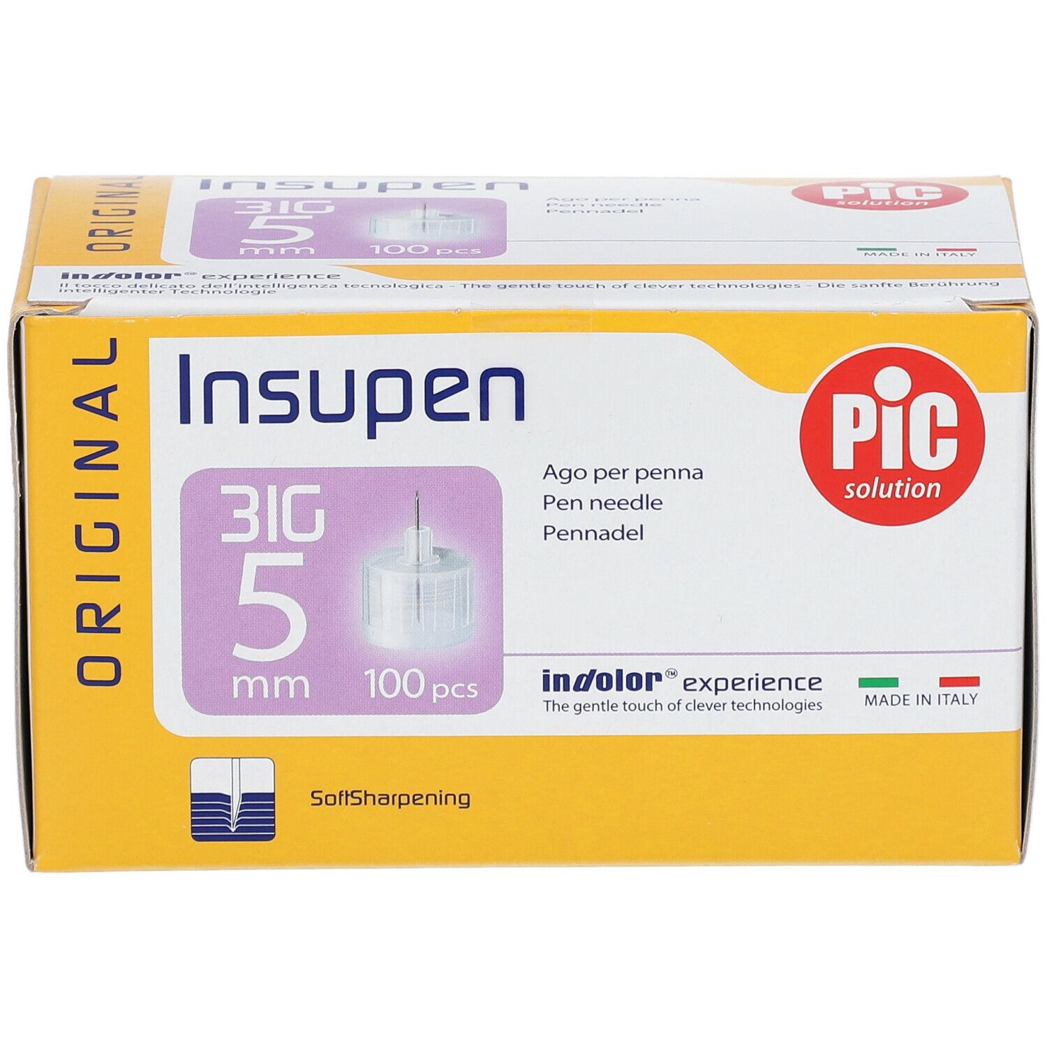 Confezione aghi per penna Insupen, 31G, 5 mm, 100 pezzi. Logo PIC. Scatola giallo-bianca. Indolor experience.