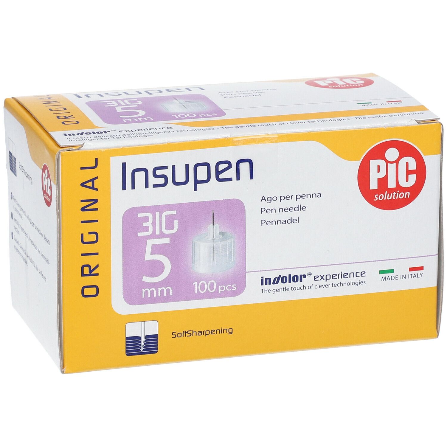Confezione aghi per penna Insupen, 31G, 5 mm, 100 pezzi. Logo PIC. Scatola giallo-bianca. Indolor experience.