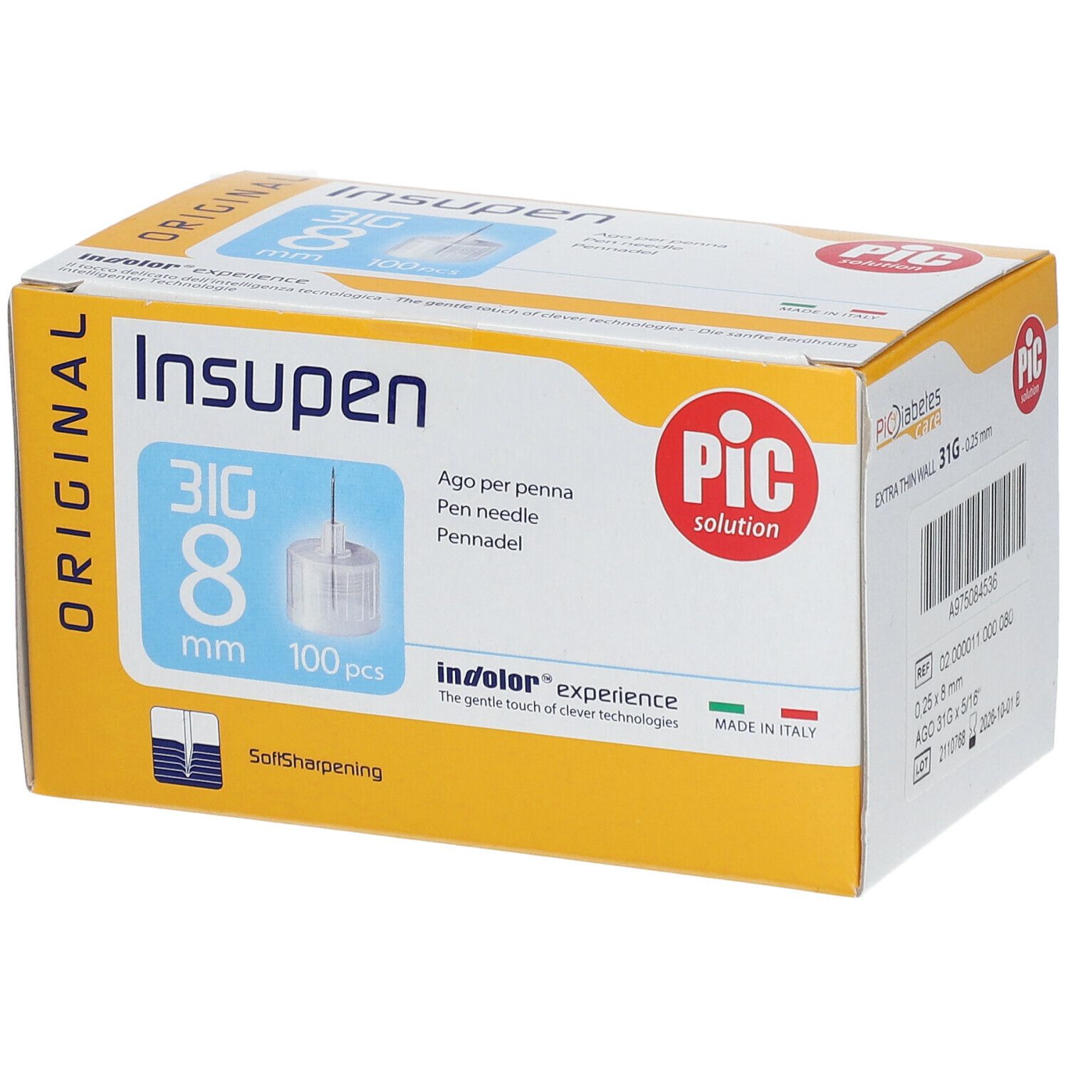 Confezione di Insupen 31G 8 mm. Contiene 100 aghi per penna. Marchio PIC. Scatola giallo-bianca con informazioni.