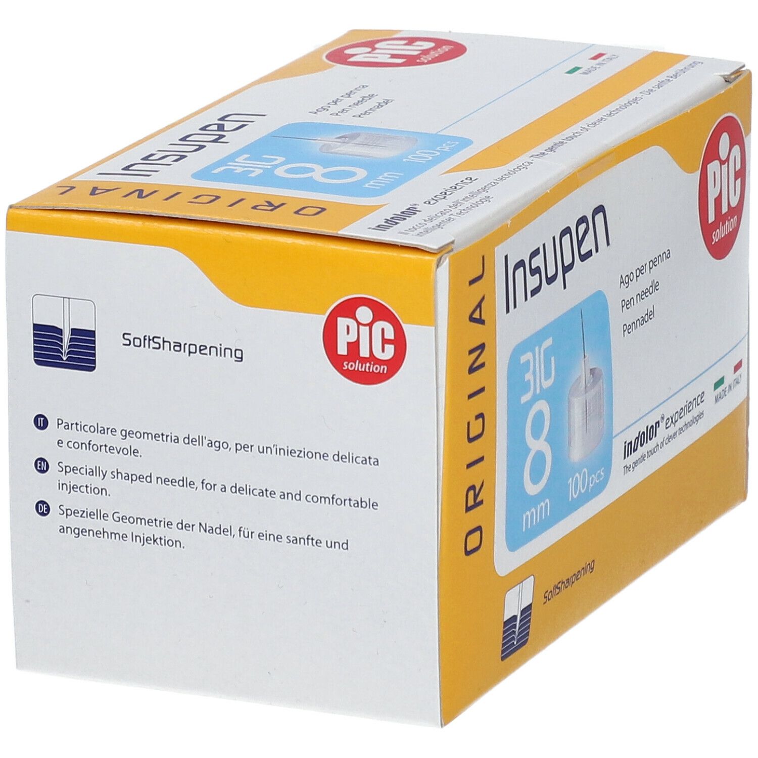 Scatola Insupen 31G 8 mm. Contiene 100 aghi per penna. Marchio PIC. Scatola giallo-bianca con informazioni.