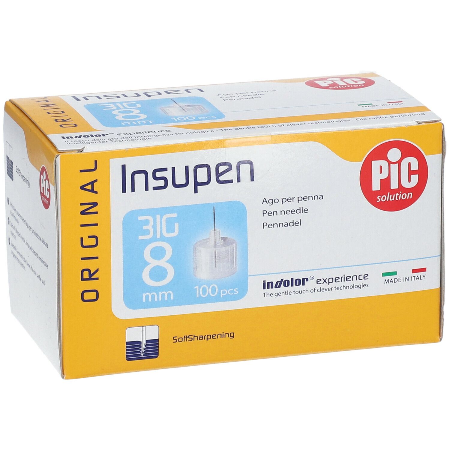 Confezione di Insupen 31G 8 mm. Contiene 100 aghi per penna. Marchio PIC. Scatola giallo-bianca con informazioni.