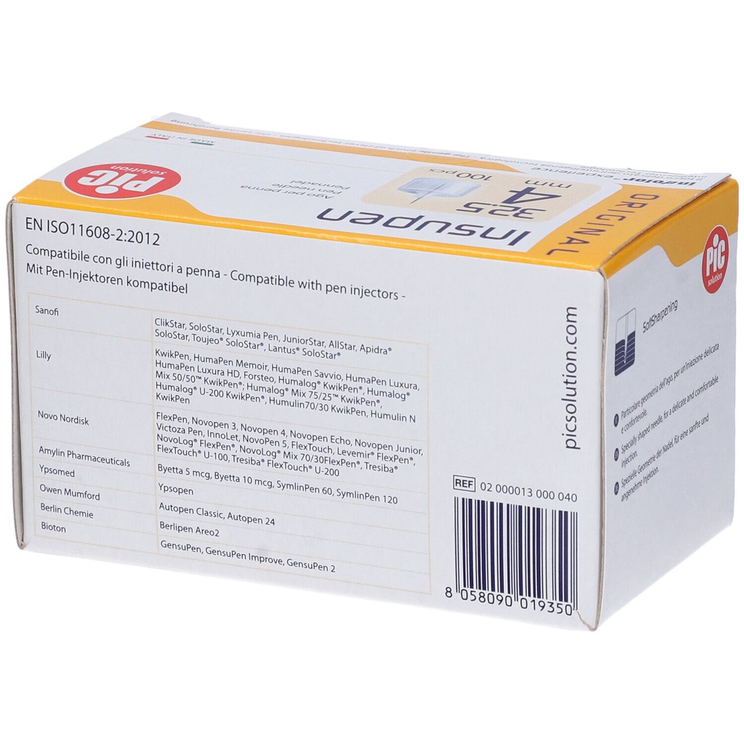 Verpackung für Insulinspritzen, kompatibel mit Pen-Injektoren. Enthält eine Liste kompatibler Produkte.