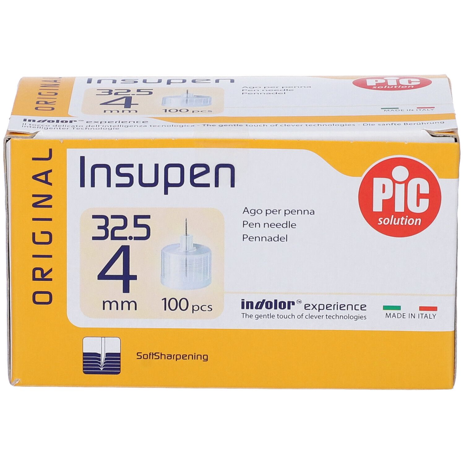 Packung mit 100 Insupen Pen-Nadeln, 32.5G, 4mm. "SoftSharpening"-Technologie.
