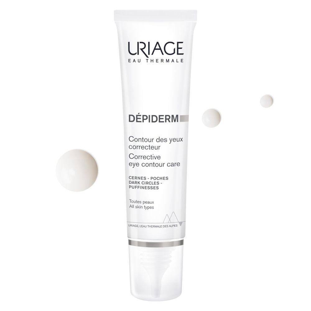 Tubo bianco con logo URIAGE e nome del prodotto. Testo: Contour des yeux correcteur, Corrective eye contour care. Gocce di crema.