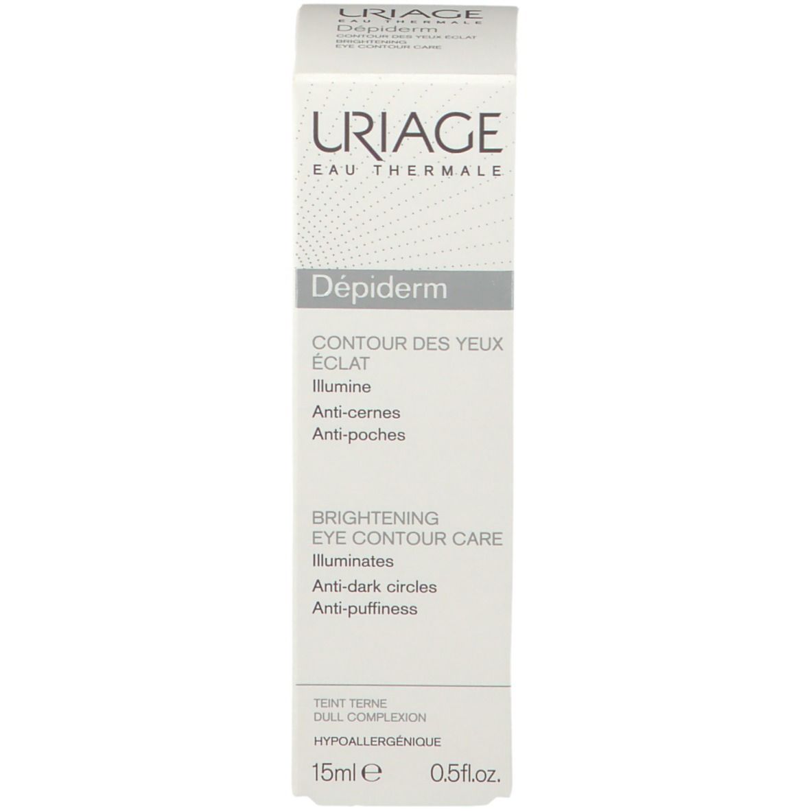 Scatola con nome del prodotto e descrizione. Testo: Contour des yeux éclat, illumine, Anti-cernes, Anti-poches. 15ml, 0.5 fl.oz.