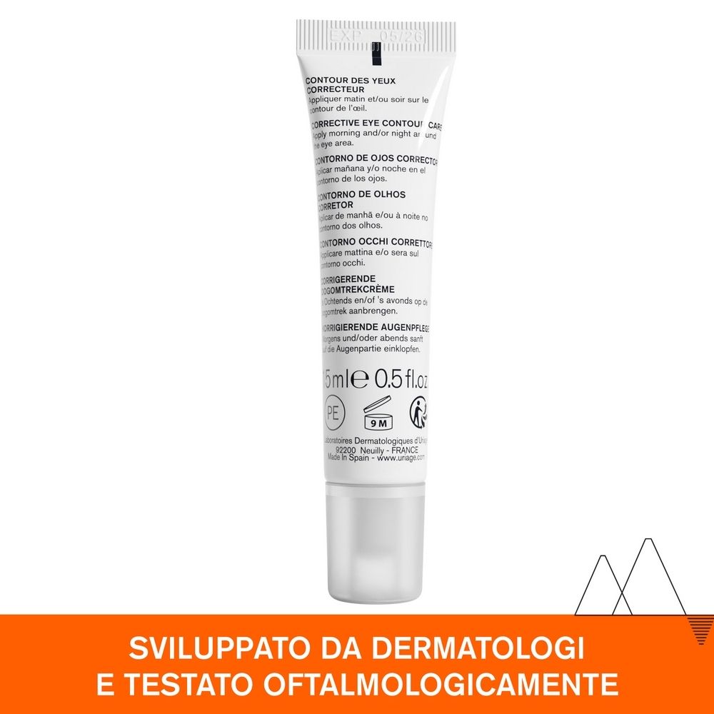 Retro del tubo. Testo: Contour des yeux correcteur, Corrective eye contour care. 15ml, 0.5 fl.oz. Testato dermatologicamente.