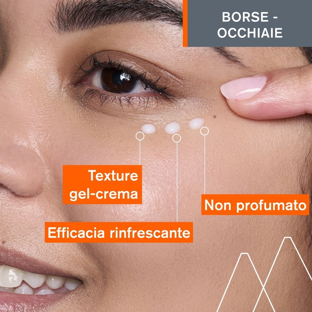 Primo piano di un viso. Testo: Texture gel-crema, Efficaia rinfrescante, Non profumato. Texture gel-crema.