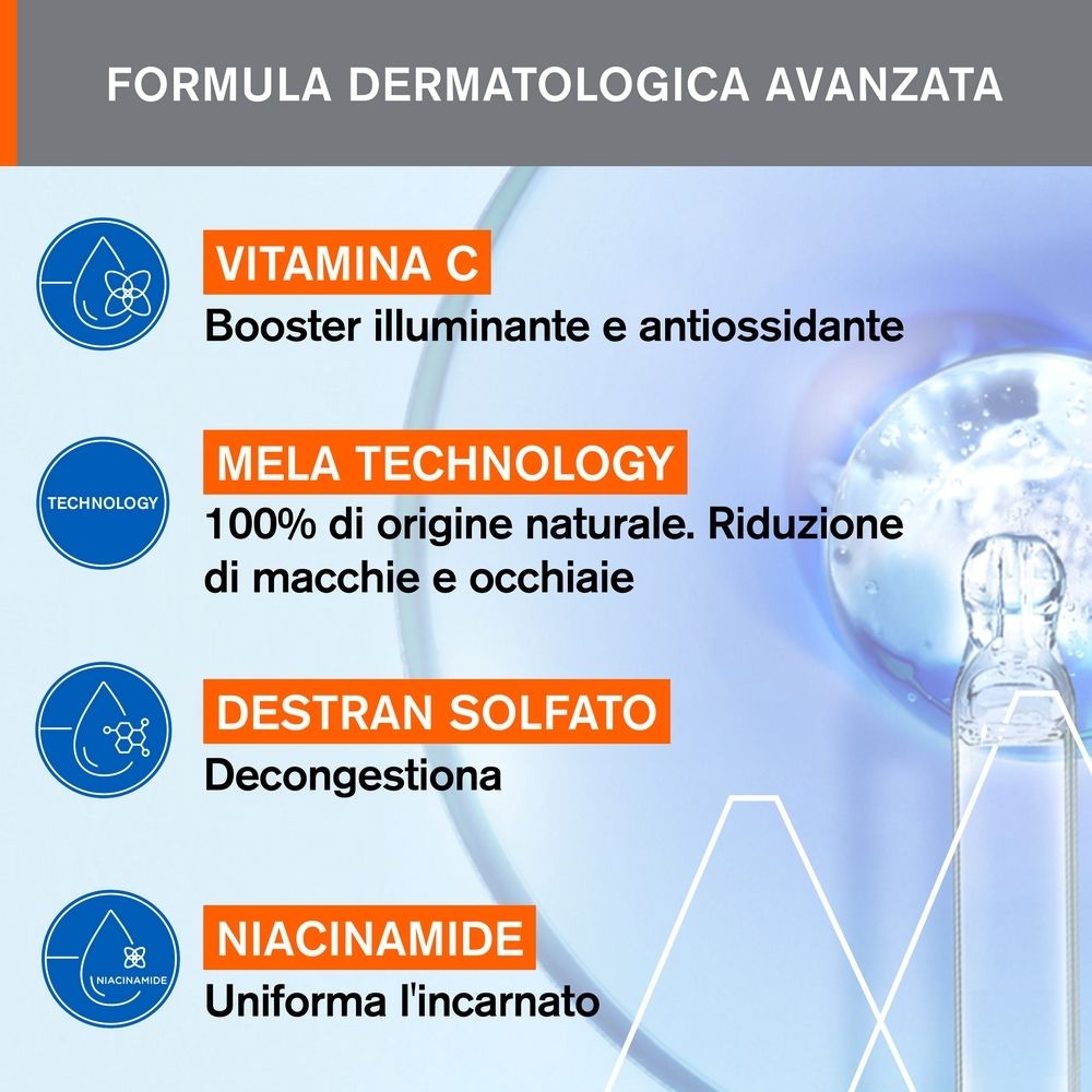 Grafico con ingredienti: Vitamina C, Mela Technology, Destran Sulfato, Niacinamide. Booster, riduzione macchie.