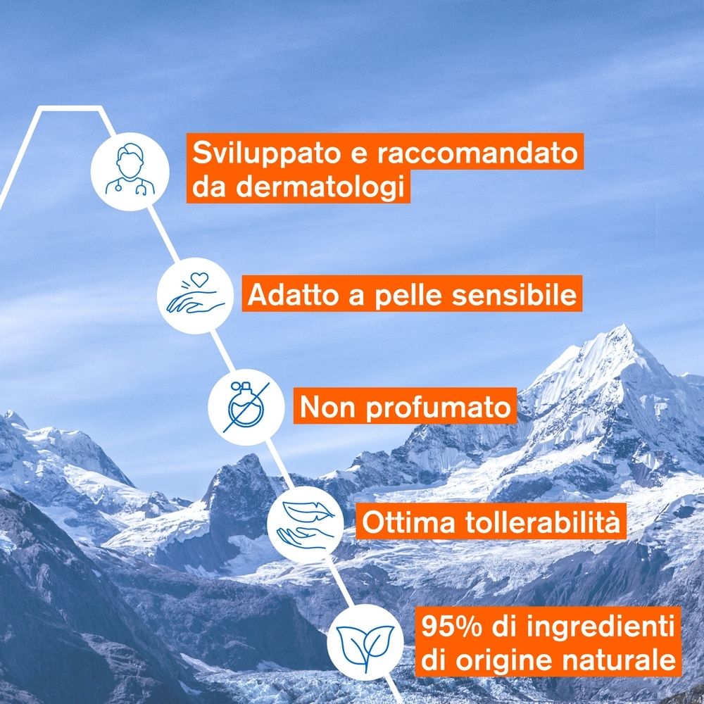Grafico con testo: Sviluppato e raccomandato da dermatologi. Adatto a pelli sensibili. 95% ingredienti naturali.